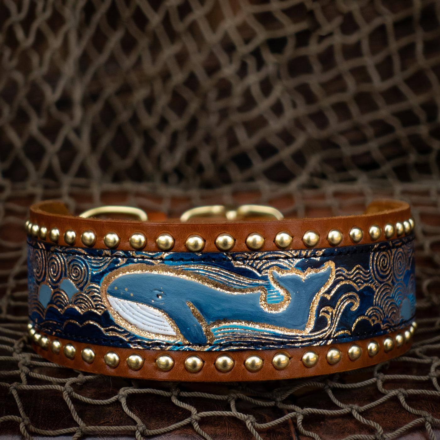 Whimsical Blue Whale with Gold Dot Border