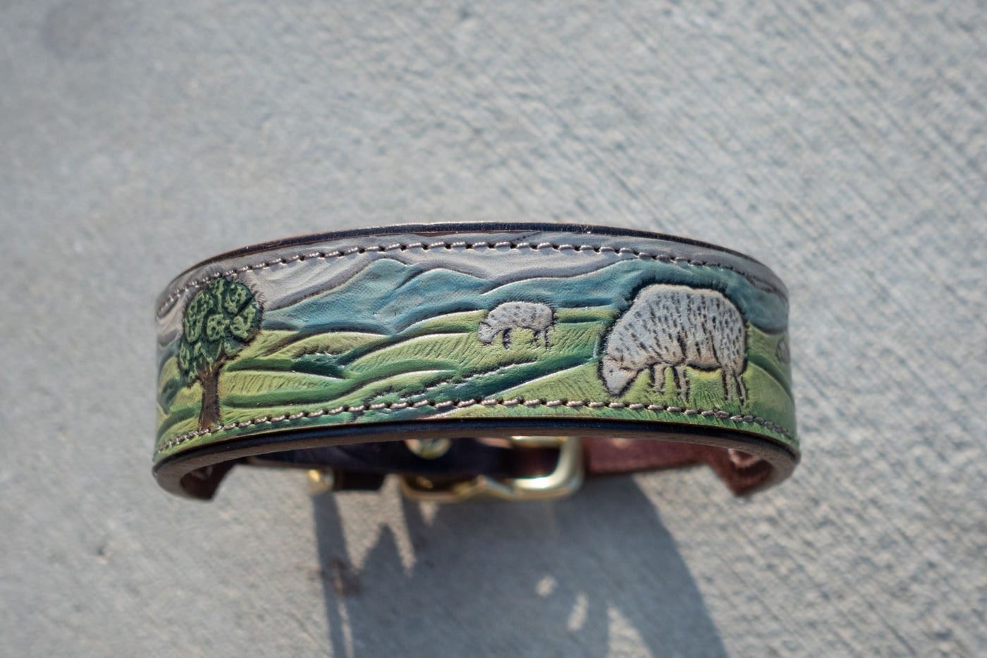 Shepherd's Meadow -  Custom tooled leather dog collar with country / farm design.