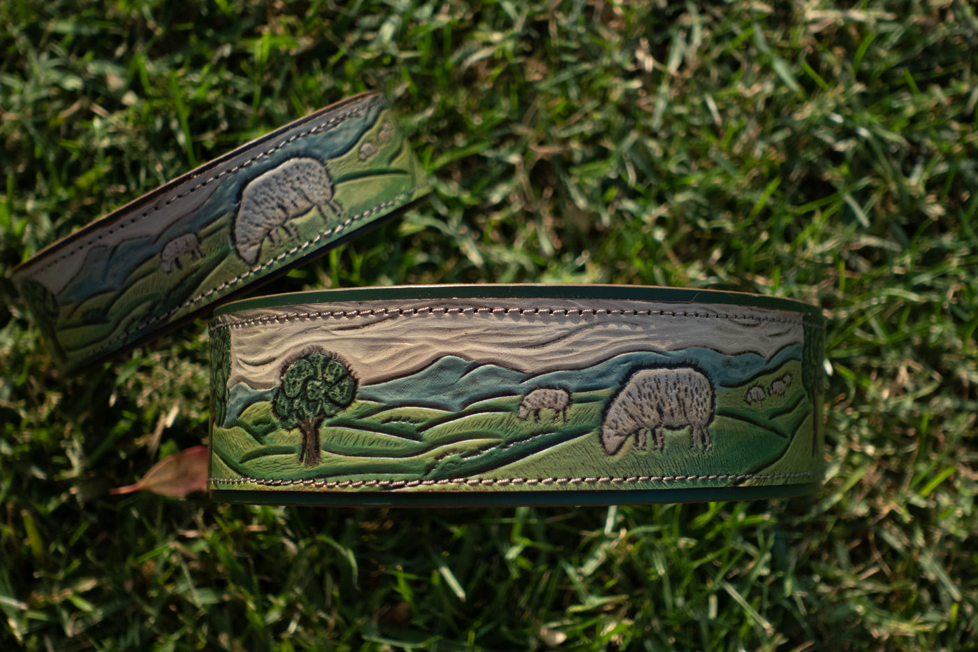 Shepherd's Meadow -  Custom tooled leather dog collar with country / farm design.