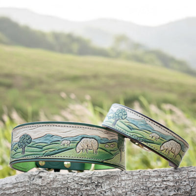 Shepherd's Meadow -  Custom tooled leather dog collar with country / farm design.